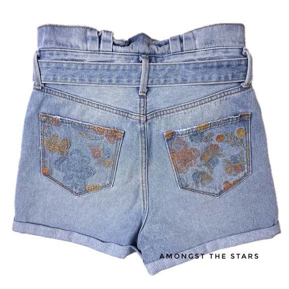 Driftwood Floral Embroidered Paperbag Blue High Waisted Denim Shorts - Picture 5 of 8